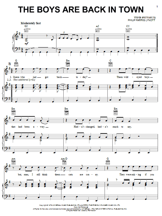Preview Thin Lizzy The Boys Are Back In Town Film and TV sheet music, notes and chords for Piano, Vocal & Guitar (Right-Hand Melody), SKU: 30930 sheet music, piano notes, chords, guitar tabs, score, transpose, transcribe, how to play, guide, download, learn, tutorial, progression, song, artist, awards, billboard, mtv, vh1, tour, single, album, release