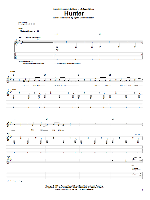 30 Seconds To Mars Hunter sheet music notes and chords arranged for Guitar Tab