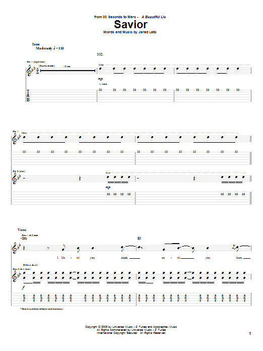 Learn to play 30 Seconds To Mars Savior sheet music for Guitar Tab in minutes. Price: 7.8900$ 30 Seconds To Mars Savior sheet music notes and chords arranged for Guitar Tab
