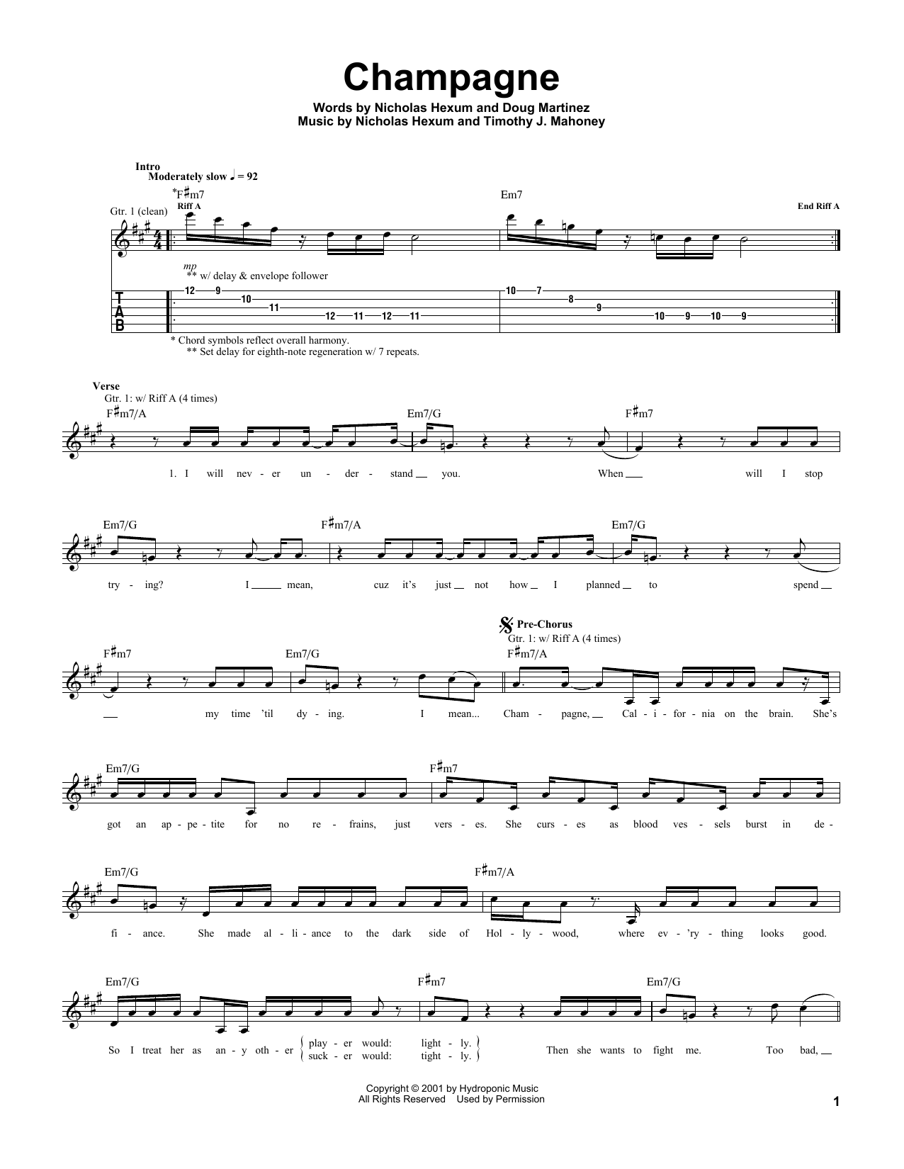 311 Champagne Sheet Music Pdf Notes Chords Pop Score Guitar Tab Download Printable Sku 170661