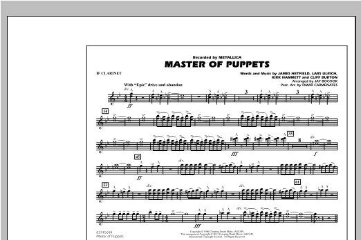 Preview Jay Bocook Master of Puppets - Bb Clarinet Metal sheet music, notes and chords for Marching Band, SKU: 312879 sheet music, piano notes, chords, guitar tabs, score, transpose, transcribe, how to play, guide, download, learn, tutorial, progression, song, artist, awards, billboard, mtv, vh1, tour, single, album, release