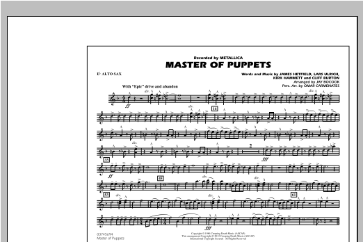 Preview Jay Bocook Master of Puppets - Eb Alto Sax Metal sheet music, notes and chords for Marching Band, SKU: 312880 sheet music, piano notes, chords, guitar tabs, score, transpose, transcribe, how to play, guide, download, learn, tutorial, progression, song, artist, awards, billboard, mtv, vh1, tour, single, album, release