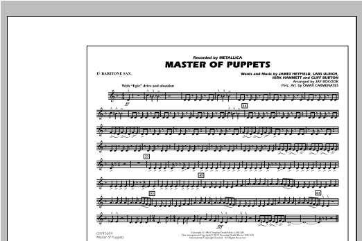 Preview Jay Bocook Master of Puppets - Eb Baritone Sax Metal sheet music, notes and chords for Marching Band, SKU: 312882 sheet music, piano notes, chords, guitar tabs, score, transpose, transcribe, how to play, guide, download, learn, tutorial, progression, song, artist, awards, billboard, mtv, vh1, tour, single, album, release
