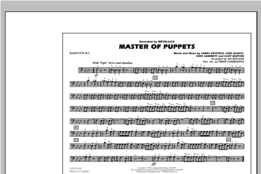 Preview Jay Bocook Master of Puppets - Baritone B.C. Metal sheet music, notes and chords for Marching Band, SKU: 312890 sheet music, piano notes, chords, guitar tabs, score, transpose, transcribe, how to play, guide, download, learn, tutorial, progression, song, artist, awards, billboard, mtv, vh1, tour, single, album, release
