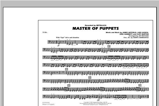 Preview Jay Bocook Master of Puppets - Tuba Metal sheet music, notes and chords for Marching Band, SKU: 312892 sheet music, piano notes, chords, guitar tabs, score, transpose, transcribe, how to play, guide, download, learn, tutorial, progression, song, artist, awards, billboard, mtv, vh1, tour, single, album, release