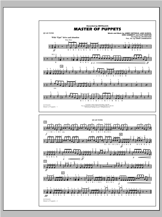 Preview Jay Bocook Master of Puppets - Quad Toms Metal sheet music, notes and chords for Marching Band, SKU: 312897 sheet music, piano notes, chords, guitar tabs, score, transpose, transcribe, how to play, guide, download, learn, tutorial, progression, song, artist, awards, billboard, mtv, vh1, tour, single, album, release