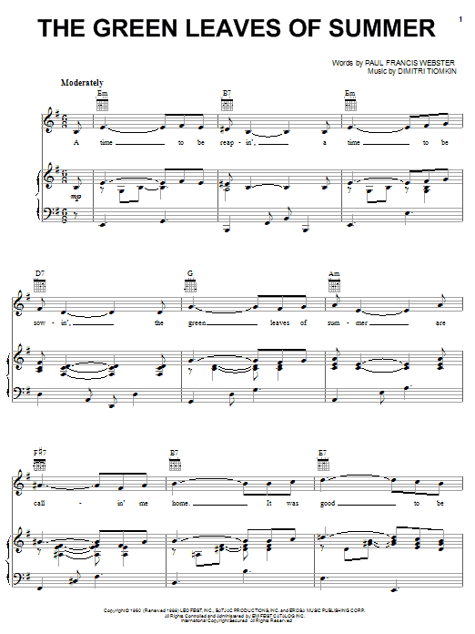 Preview Dimitri Tiomkin The Green Leaves Of Summer Film and TV sheet music, notes and chords for Piano, Vocal & Guitar (Right-Hand Melody), SKU: 31538 sheet music, piano notes, chords, guitar tabs, score, transpose, transcribe, how to play, guide, download, learn, tutorial, progression, song, artist, awards, billboard, mtv, vh1, tour, single, album, release