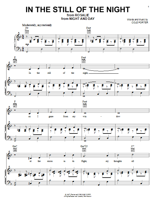 Preview Cole Porter In The Still Of The Night Film and TV sheet music, notes and chords for Piano, Vocal & Guitar (Right-Hand Melody), SKU: 31542 sheet music, piano notes, chords, guitar tabs, score, transpose, transcribe, how to play, guide, download, learn, tutorial, progression, song, artist, awards, billboard, mtv, vh1, tour, single, album, release