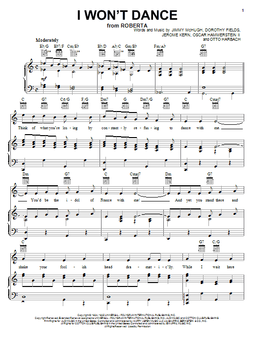 Preview Frank Sinatra I Won't Dance Jazz sheet music, notes and chords for Piano, Vocal & Guitar (Right-Hand Melody), SKU: 31545 sheet music, piano notes, chords, guitar tabs, score, transpose, transcribe, how to play, guide, download, learn, tutorial, progression, song, artist, awards, billboard, mtv, vh1, tour, single, album, release