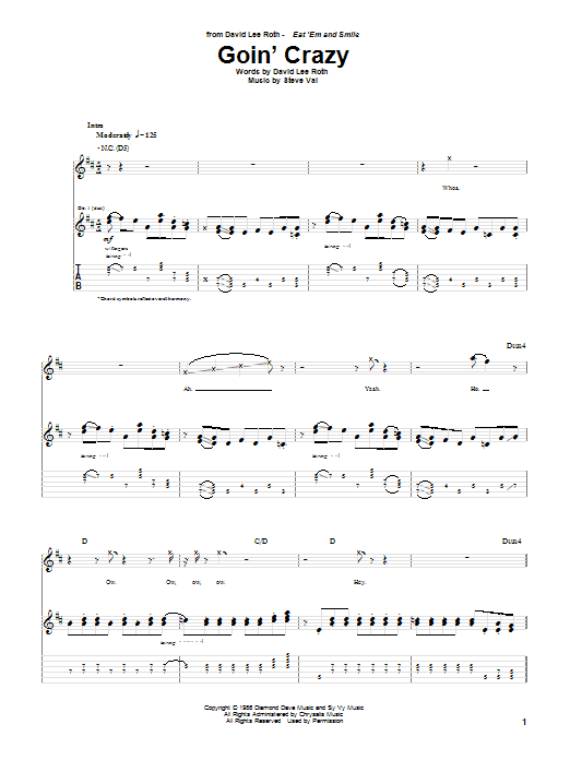 Preview David Lee Roth Goin' Crazy Pop sheet music, notes and chords for Guitar Tab, SKU: 31555 sheet music, piano notes, chords, guitar tabs, score, transpose, transcribe, how to play, guide, download, learn, tutorial, progression, song, artist, awards, billboard, mtv, vh1, tour, single, album, release