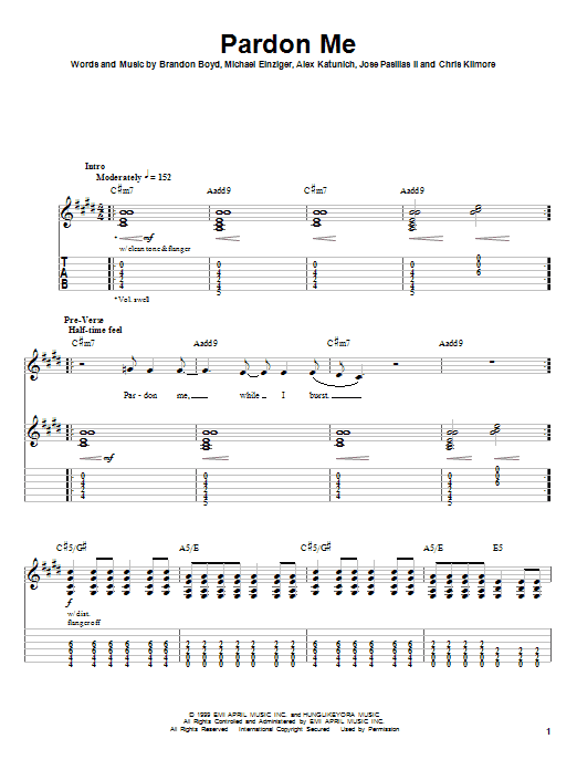 Preview Incubus Pardon Me Pop sheet music, notes and chords for Easy Guitar Tab, SKU: 31556 sheet music, piano notes, chords, guitar tabs, score, transpose, transcribe, how to play, guide, download, learn, tutorial, progression, song, artist, awards, billboard, mtv, vh1, tour, single, album, release