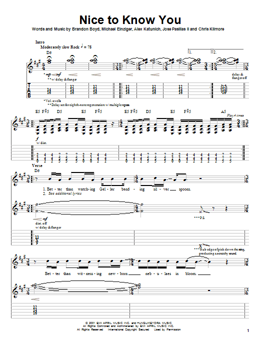 Preview Incubus Nice To Know You Pop sheet music, notes and chords for Guitar Tab, SKU: 31558 sheet music, piano notes, chords, guitar tabs, score, transpose, transcribe, how to play, guide, download, learn, tutorial, progression, song, artist, awards, billboard, mtv, vh1, tour, single, album, release