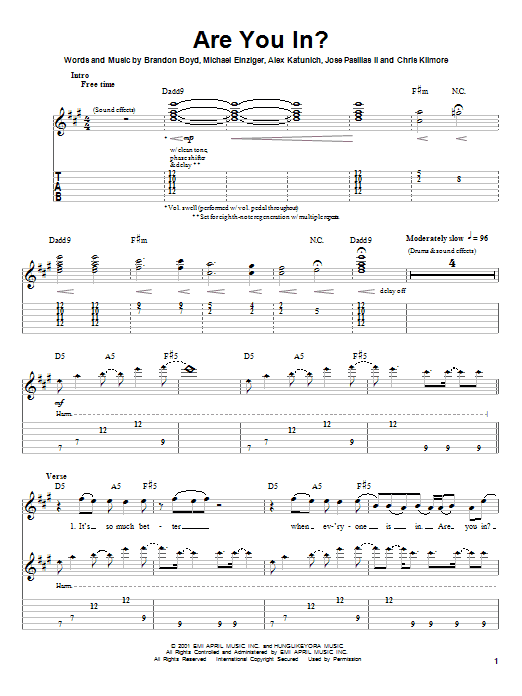 Preview Incubus Are You In? Rock sheet music, notes and chords for Easy Guitar Tab, SKU: 31559 sheet music, piano notes, chords, guitar tabs, score, transpose, transcribe, how to play, guide, download, learn, tutorial, progression, song, artist, awards, billboard, mtv, vh1, tour, single, album, release