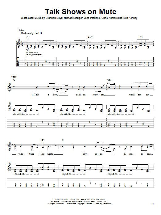 Preview Incubus Talk Shows On Mute Rock sheet music, notes and chords for Easy Guitar Tab, SKU: 31561 sheet music, piano notes, chords, guitar tabs, score, transpose, transcribe, how to play, guide, download, learn, tutorial, progression, song, artist, awards, billboard, mtv, vh1, tour, single, album, release