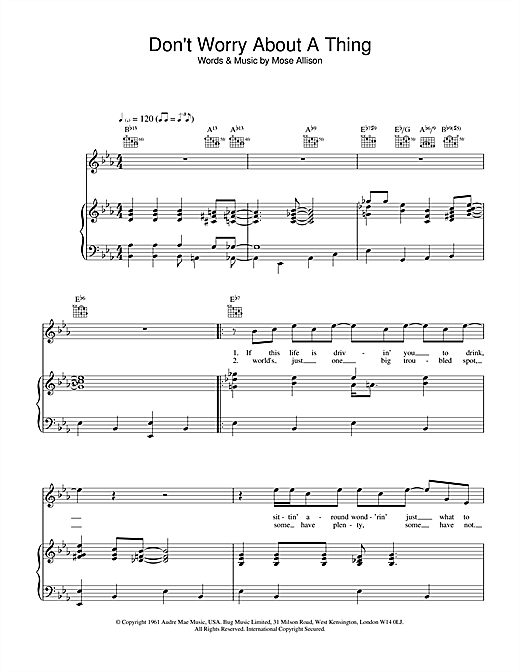 Preview Van Morrison Don't Worry About A Thing Pop sheet music, notes and chords for Piano, Vocal & Guitar, SKU: 31562 sheet music, piano notes, chords, guitar tabs, score, transpose, transcribe, how to play, guide, download, learn, tutorial, progression, song, artist, awards, billboard, mtv, vh1, tour, single, album, release