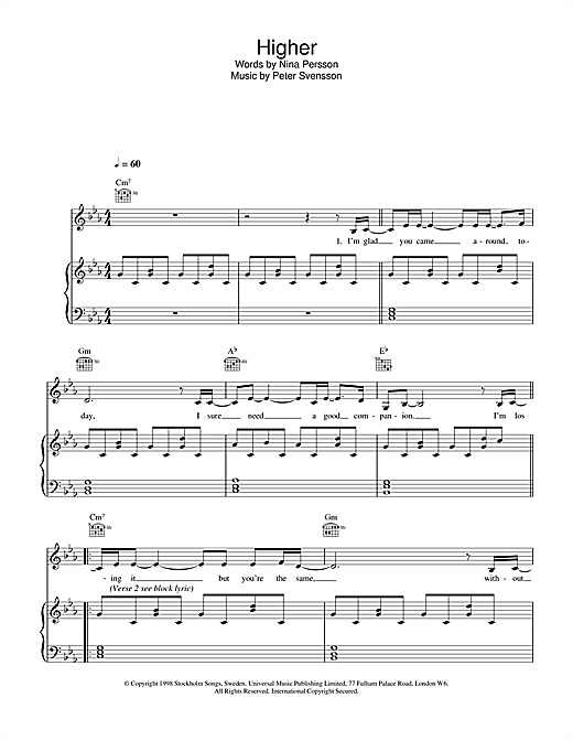 Preview The Cardigans Higher Pop sheet music, notes and chords for Piano, Vocal & Guitar, SKU: 31564 sheet music, piano notes, chords, guitar tabs, score, transpose, transcribe, how to play, guide, download, learn, tutorial, progression, song, artist, awards, billboard, mtv, vh1, tour, single, album, release