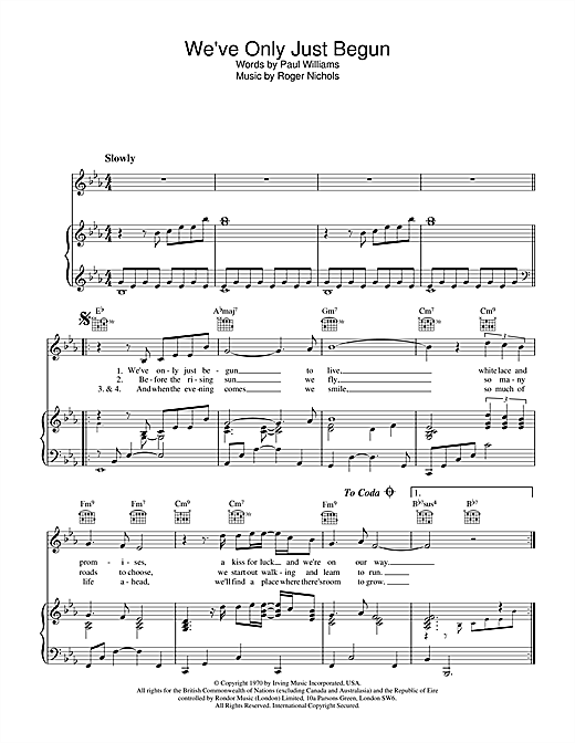 Preview Carpenters We've Only Just Begun Pop sheet music, notes and chords for Piano, Vocal & Guitar (Right-Hand Melody), SKU: 31571 sheet music, piano notes, chords, guitar tabs, score, transpose, transcribe, how to play, guide, download, learn, tutorial, progression, song, artist, awards, billboard, mtv, vh1, tour, single, album, release