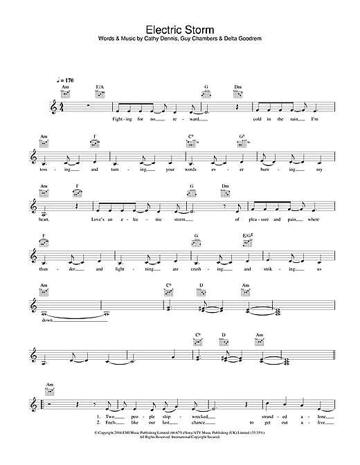 Preview Delta Goodrem Electric Storm Pop sheet music, notes and chords for Melody Line, Lyrics & Chords, SKU: 31581 sheet music, piano notes, chords, guitar tabs, score, transpose, transcribe, how to play, guide, download, learn, tutorial, progression, song, artist, awards, billboard, mtv, vh1, tour, single, album, release