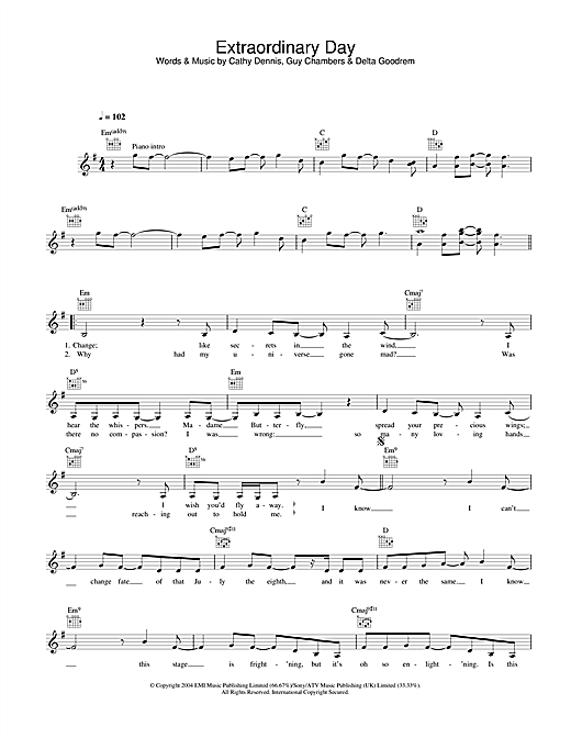 Preview Delta Goodrem Extraordinary Day Pop sheet music, notes and chords for Melody Line, Lyrics & Chords, SKU: 31582 sheet music, piano notes, chords, guitar tabs, score, transpose, transcribe, how to play, guide, download, learn, tutorial, progression, song, artist, awards, billboard, mtv, vh1, tour, single, album, release