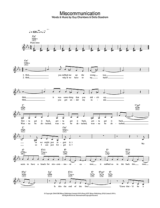 Preview Delta Goodrem Miscommunication Pop sheet music, notes and chords for Melody Line, Lyrics & Chords, SKU: 31583 sheet music, piano notes, chords, guitar tabs, score, transpose, transcribe, how to play, guide, download, learn, tutorial, progression, song, artist, awards, billboard, mtv, vh1, tour, single, album, release