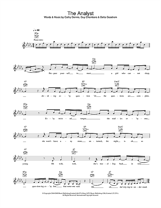 Preview Delta Goodrem The Analyst Pop sheet music, notes and chords for Melody Line, Lyrics & Chords, SKU: 31585 sheet music, piano notes, chords, guitar tabs, score, transpose, transcribe, how to play, guide, download, learn, tutorial, progression, song, artist, awards, billboard, mtv, vh1, tour, single, album, release