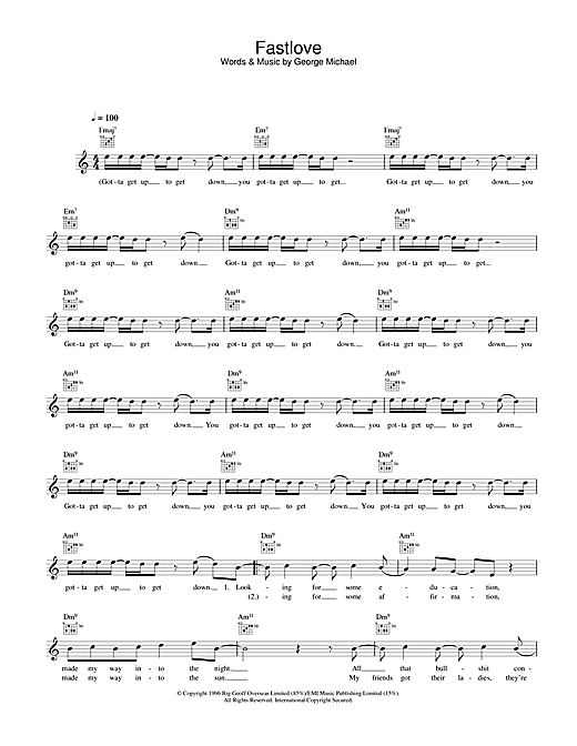 Preview George Michael Fastlove Pop sheet music, notes and chords for Melody Line, Lyrics & Chords, SKU: 31586 sheet music, piano notes, chords, guitar tabs, score, transpose, transcribe, how to play, guide, download, learn, tutorial, progression, song, artist, awards, billboard, mtv, vh1, tour, single, album, release