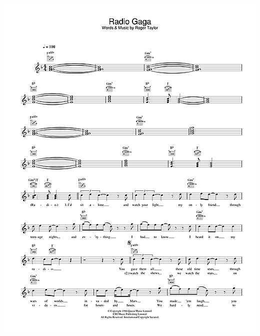 Preview Queen Radio Gaga Rock sheet music, notes and chords for Melody Line, Lyrics & Chords, SKU: 31587 sheet music, piano notes, chords, guitar tabs, score, transpose, transcribe, how to play, guide, download, learn, tutorial, progression, song, artist, awards, billboard, mtv, vh1, tour, single, album, release