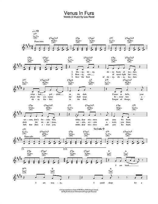 Preview The Velvet Underground Venus In Furs Rock sheet music, notes and chords for Melody Line, Lyrics & Chords, SKU: 31588 sheet music, piano notes, chords, guitar tabs, score, transpose, transcribe, how to play, guide, download, learn, tutorial, progression, song, artist, awards, billboard, mtv, vh1, tour, single, album, release