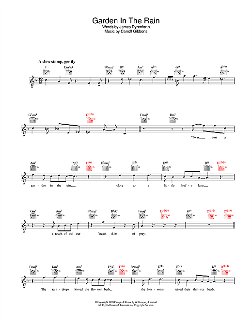 Preview Diana Krall Garden In The Rain Jazz sheet music, notes and chords for Melody Line, Lyrics & Chords, SKU: 31597 sheet music, piano notes, chords, guitar tabs, score, transpose, transcribe, how to play, guide, download, learn, tutorial, progression, song, artist, awards, billboard, mtv, vh1, tour, single, album, release