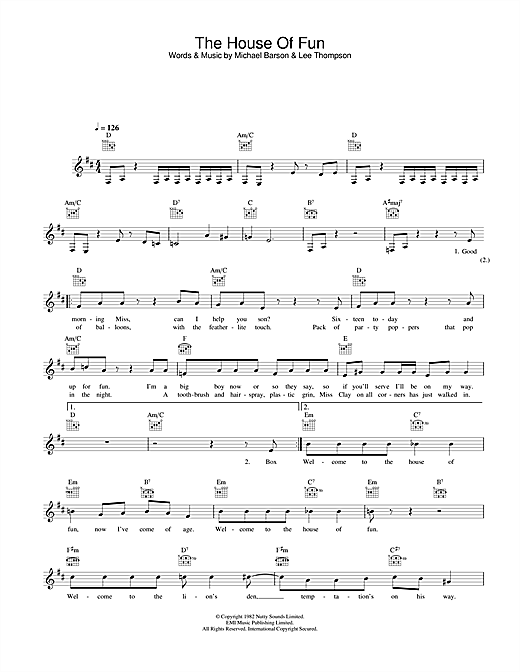 Preview Madness The House Of Fun Pop sheet music, notes and chords for Melody Line, Lyrics & Chords, SKU: 31600 sheet music, piano notes, chords, guitar tabs, score, transpose, transcribe, how to play, guide, download, learn, tutorial, progression, song, artist, awards, billboard, mtv, vh1, tour, single, album, release