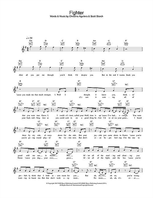 Preview Christina Aguilera Fighter R & B sheet music, notes and chords for Melody Line, Lyrics & Chords, SKU: 31603 sheet music, piano notes, chords, guitar tabs, score, transpose, transcribe, how to play, guide, download, learn, tutorial, progression, song, artist, awards, billboard, mtv, vh1, tour, single, album, release