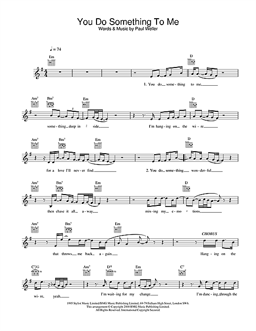 Preview Paul Weller You Do Something To Me Rock sheet music, notes and chords for Melody Line, Lyrics & Chords, SKU: 31605 sheet music, piano notes, chords, guitar tabs, score, transpose, transcribe, how to play, guide, download, learn, tutorial, progression, song, artist, awards, billboard, mtv, vh1, tour, single, album, release