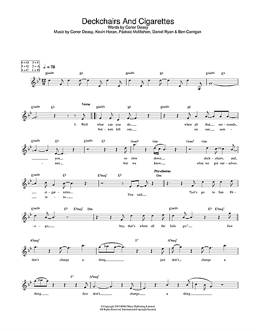 Preview The Thrills Deckchairs And Cigarettes Rock sheet music, notes and chords for Melody Line, Lyrics & Chords, SKU: 31610 sheet music, piano notes, chords, guitar tabs, score, transpose, transcribe, how to play, guide, download, learn, tutorial, progression, song, artist, awards, billboard, mtv, vh1, tour, single, album, release