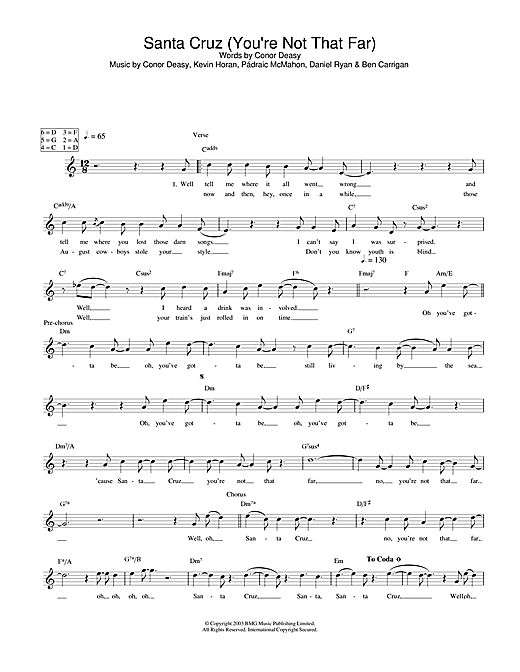 Preview The Thrills Santa Cruz (You're Not That Far) Rock sheet music, notes and chords for Melody Line, Lyrics & Chords, SKU: 31612 sheet music, piano notes, chords, guitar tabs, score, transpose, transcribe, how to play, guide, download, learn, tutorial, progression, song, artist, awards, billboard, mtv, vh1, tour, single, album, release