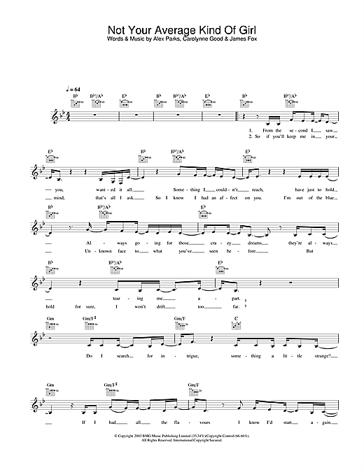 Preview Alex Parks Not Your Average Kind Of Girl Pop sheet music, notes and chords for Melody Line, Lyrics & Chords, SKU: 31615 sheet music, piano notes, chords, guitar tabs, score, transpose, transcribe, how to play, guide, download, learn, tutorial, progression, song, artist, awards, billboard, mtv, vh1, tour, single, album, release