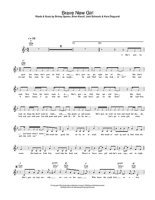 Preview Britney Spears Brave New Girl Pop sheet music, notes and chords for Melody Line, Lyrics & Chords, SKU: 31617 sheet music, piano notes, chords, guitar tabs, score, transpose, transcribe, how to play, guide, download, learn, tutorial, progression, song, artist, awards, billboard, mtv, vh1, tour, single, album, release