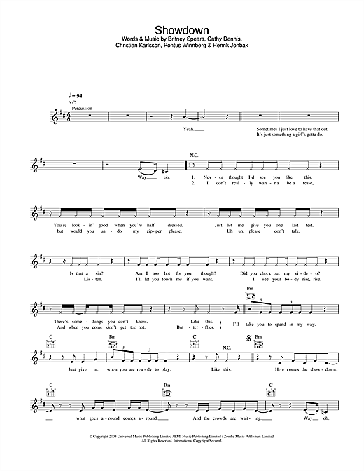 Preview Britney Spears Showdown Pop sheet music, notes and chords for Melody Line, Lyrics & Chords, SKU: 31619 sheet music, piano notes, chords, guitar tabs, score, transpose, transcribe, how to play, guide, download, learn, tutorial, progression, song, artist, awards, billboard, mtv, vh1, tour, single, album, release
