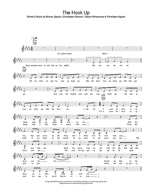 Preview Britney Spears The Hook Up Pop sheet music, notes and chords for Melody Line, Lyrics & Chords, SKU: 31621 sheet music, piano notes, chords, guitar tabs, score, transpose, transcribe, how to play, guide, download, learn, tutorial, progression, song, artist, awards, billboard, mtv, vh1, tour, single, album, release