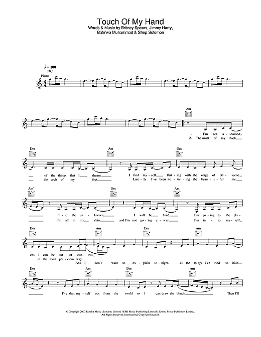 Preview Britney Spears Touch Of My Hand Pop sheet music, notes and chords for Melody Line, Lyrics & Chords, SKU: 31622 sheet music, piano notes, chords, guitar tabs, score, transpose, transcribe, how to play, guide, download, learn, tutorial, progression, song, artist, awards, billboard, mtv, vh1, tour, single, album, release
