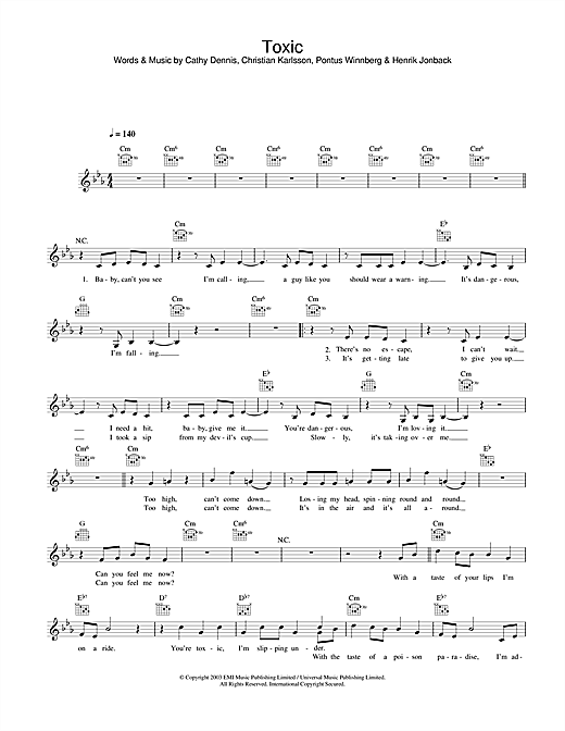 Preview Britney Spears Toxic Pop sheet music, notes and chords for Melody Line, Lyrics & Chords, SKU: 31623 sheet music, piano notes, chords, guitar tabs, score, transpose, transcribe, how to play, guide, download, learn, tutorial, progression, song, artist, awards, billboard, mtv, vh1, tour, single, album, release