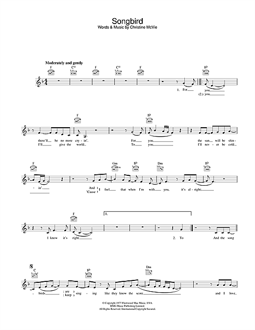 Preview Fleetwood Mac Songbird Pop sheet music, notes and chords for Melody Line, Lyrics & Chords, SKU: 31624 sheet music, piano notes, chords, guitar tabs, score, transpose, transcribe, how to play, guide, download, learn, tutorial, progression, song, artist, awards, billboard, mtv, vh1, tour, single, album, release