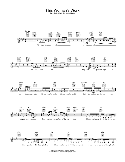 Preview Kate Bush This Woman's Work (from She's Having A Baby) Pop sheet music, notes and chords for Melody Line, Lyrics & Chords, SKU: 31625 sheet music, piano notes, chords, guitar tabs, score, transpose, transcribe, how to play, guide, download, learn, tutorial, progression, song, artist, awards, billboard, mtv, vh1, tour, single, album, release