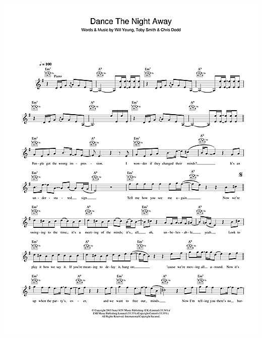 Preview Will Young Dance The Night Away Pop sheet music, notes and chords for Melody Line, Lyrics & Chords, SKU: 31626 sheet music, piano notes, chords, guitar tabs, score, transpose, transcribe, how to play, guide, download, learn, tutorial, progression, song, artist, awards, billboard, mtv, vh1, tour, single, album, release