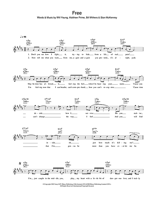 Preview Will Young Free Pop sheet music, notes and chords for Melody Line, Lyrics & Chords, SKU: 31627 sheet music, piano notes, chords, guitar tabs, score, transpose, transcribe, how to play, guide, download, learn, tutorial, progression, song, artist, awards, billboard, mtv, vh1, tour, single, album, release