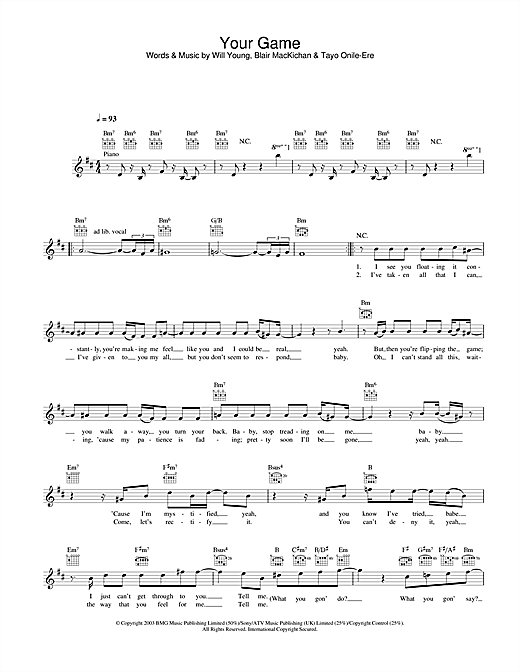 Preview Will Young Your Game Pop sheet music, notes and chords for Melody Line, Lyrics & Chords, SKU: 31630 sheet music, piano notes, chords, guitar tabs, score, transpose, transcribe, how to play, guide, download, learn, tutorial, progression, song, artist, awards, billboard, mtv, vh1, tour, single, album, release