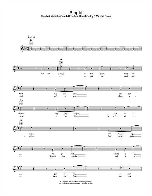 Preview Supergrass Alright Rock sheet music, notes and chords for Melody Line, Lyrics & Chords, SKU: 31631 sheet music, piano notes, chords, guitar tabs, score, transpose, transcribe, how to play, guide, download, learn, tutorial, progression, song, artist, awards, billboard, mtv, vh1, tour, single, album, release
