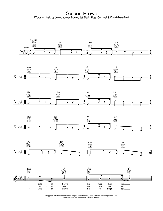 Preview The Stranglers Golden Brown Rock sheet music, notes and chords for Melody Line, Lyrics & Chords, SKU: 31633 sheet music, piano notes, chords, guitar tabs, score, transpose, transcribe, how to play, guide, download, learn, tutorial, progression, song, artist, awards, billboard, mtv, vh1, tour, single, album, release
