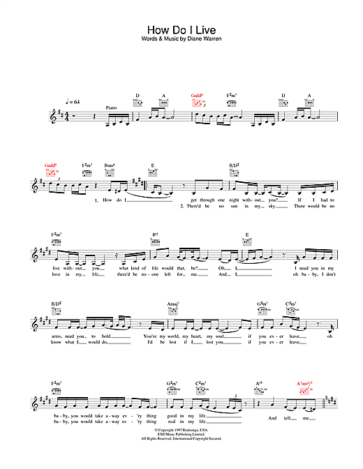 Preview LeAnn Rimes How Do I Live Pop sheet music, notes and chords for Melody Line, Lyrics & Chords, SKU: 31634 sheet music, piano notes, chords, guitar tabs, score, transpose, transcribe, how to play, guide, download, learn, tutorial, progression, song, artist, awards, billboard, mtv, vh1, tour, single, album, release