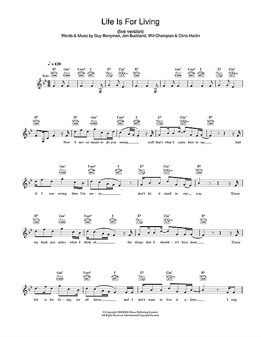 Preview Coldplay Life Is For Living Pop sheet music, notes and chords for Melody Line, Lyrics & Chords, SKU: 31638 sheet music, piano notes, chords, guitar tabs, score, transpose, transcribe, how to play, guide, download, learn, tutorial, progression, song, artist, awards, billboard, mtv, vh1, tour, single, album, release