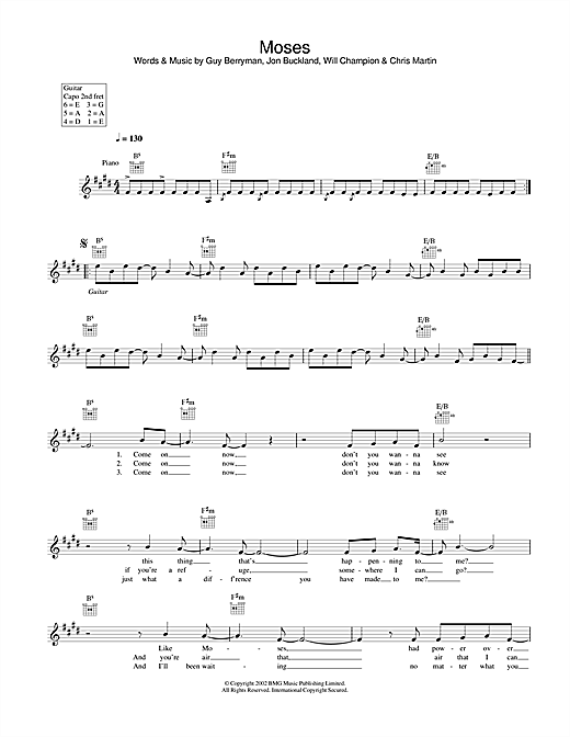 Preview Coldplay Moses Pop sheet music, notes and chords for Melody Line, Lyrics & Chords, SKU: 31639 sheet music, piano notes, chords, guitar tabs, score, transpose, transcribe, how to play, guide, download, learn, tutorial, progression, song, artist, awards, billboard, mtv, vh1, tour, single, album, release